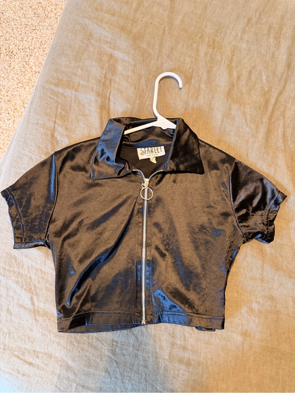 Black Satin Zip-Front Crop Top